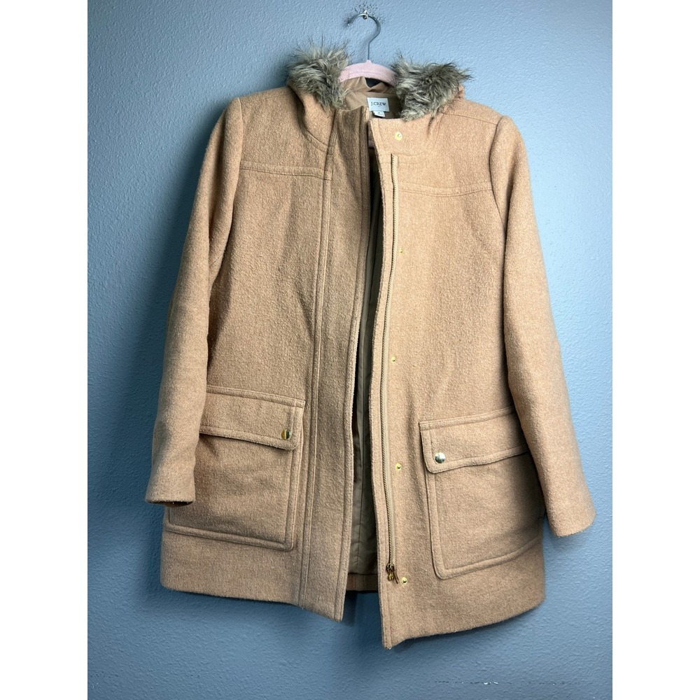 J.Crew Re-Imagined Wool Blend Faux Fur Hood Parka Coat Camel Tan Y2K Size 8